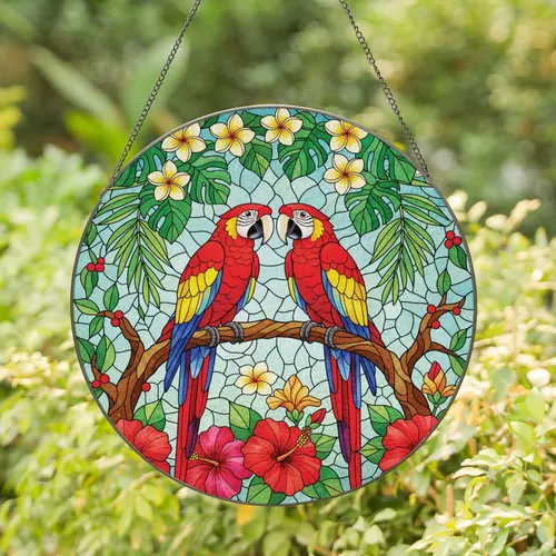 Macaw Parrots Tropical Leaves Plumeria Hibiscus - Home Decor Gift for Wildlife Lover Stained Glass Suncatcher