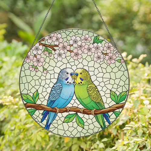 Budgerigar Parakeet Love Birds Cherry Blossoms Branch - Wildlife Home Decor Gift for Bird Lovers Stained Glass Suncatcher