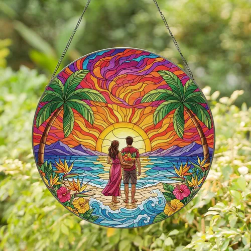 Couple Beach Sunset Palm Trees Hibiscus - Tropical Home Decor Gift Stained Glass Suncatcher