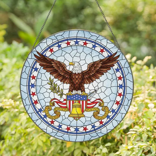 Bald Eagle American Flag Liberty Bell Shield - Independence Day Gift for Veterans Stained Glass Suncatcher