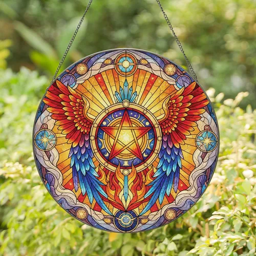 Winged Pentagram with Cosmic Dust and Celestial Symbols - Home Decor Gift Stained Glass Suncatcher