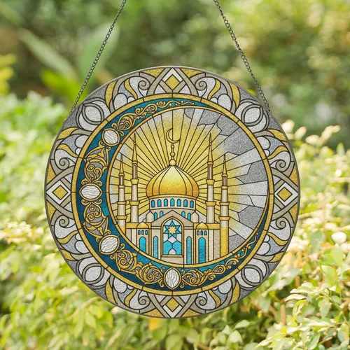 Golden Mosque Crescent Moon Star - Ornate Window Decor Gift Stained Glass Suncatcher