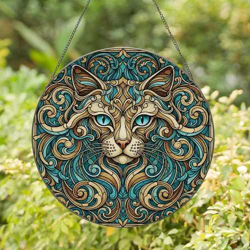 Art Nouveau Cat Face Aqua Eye Botanical Swirls - Home Decor Gift for Cat Lover Stained Glass Suncatcher