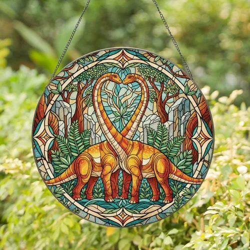 Sauropod Dinosaurs Prehistoric Ferns Tropical Leaves - Home Decor Gift for Dinosaur Lover Stained Glass Suncatcher