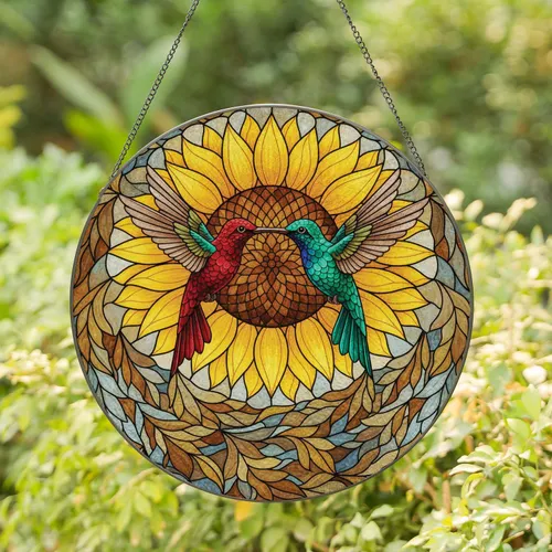 Hummingbirds Sunflower Seed Head Autumn Leaves - Wildlife Home Decor Gift Stained Glass Suncatcher