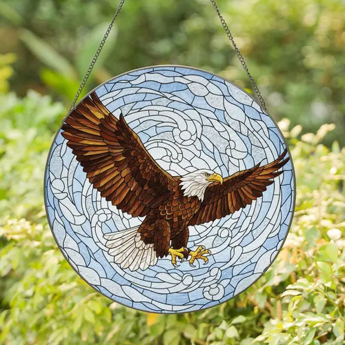 Majestic Bald Eagle Full Flight Golden Amber Wings Home Decor Gift for Wildlife Lover Stained Glass Suncatcher
