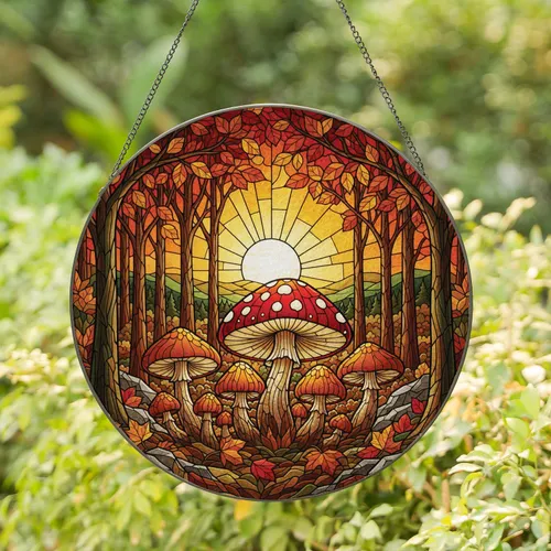 Autumn Forest Mushroom Cluster Sunset - Home Decor Gift for Nature Lover Stained Glass Suncatcher