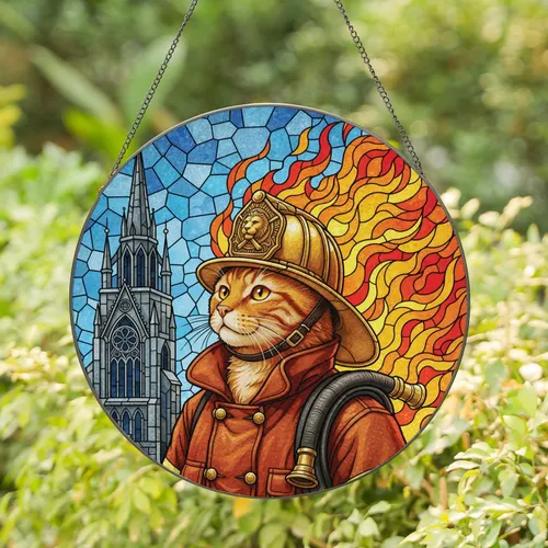Heroic Orange Tabby Firefighter Cat Golden Helmet - First Responder Home Decor Gift for Firefighters Stained Glass Suncatcher
