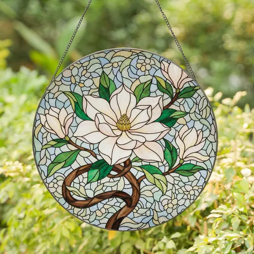 Magnolia Blossom Bud Branch Floral Nature Scene - Home Decor Gift for Garden Lover Stained Glass Suncatcher
