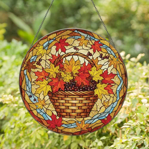 Woven Basket Autumn Maple Leaves Berries Fall Colors Foliage - Harvest Home Decor Gift Stained Glass Suncatcher