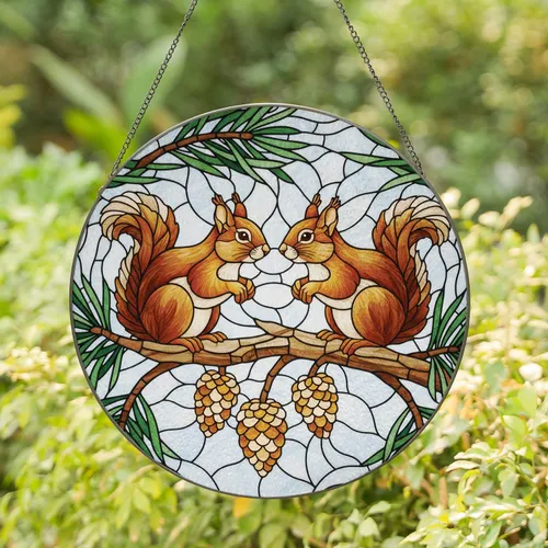 Alert Squirrels Pinecones Pine Needles Tree Branch - Wildlife Home Decor Gift Stained Glass Suncatcher