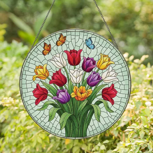 Full Bloom Tulip Bouquet Fluttering Butterflies - Home Decor Gift for Garden Lover Stained Glass Suncatcher
