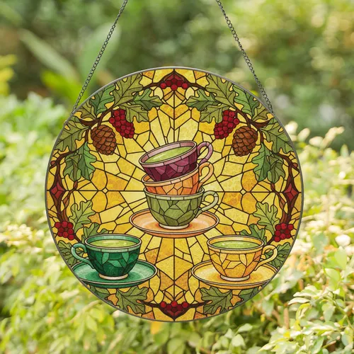 Stacked Teacups Pinecones Leaves - Tea Lover Kitchen Decor Gift Stained Glass Suncatcher