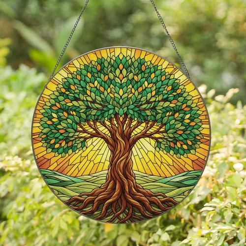 Lush Canopy Tree of Life Stained Glass Mosaic Rolling Hills Sky - Home Decor Gift Stained Glass Suncatcher