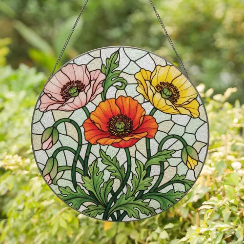 Poppy Flowers Verdant Leaves Mosaic - Home Decor Gift for Garden Lover Stained Glass Suncatcher