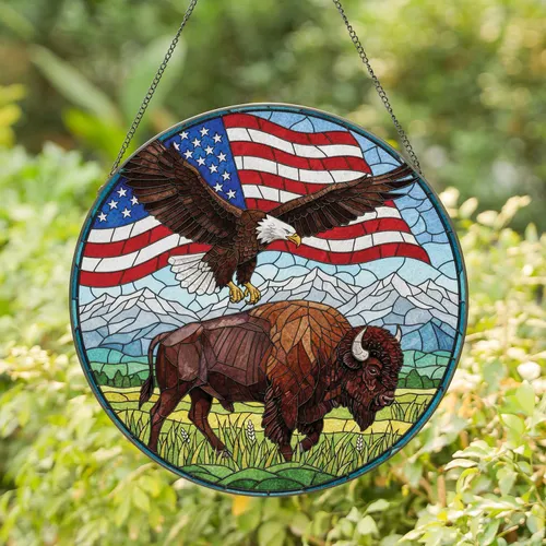 Bald Eagle American Flag Bison - Home Decor Gift for Veterans Stained Glass Suncatcher