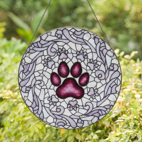 Central Paw Print Swirl Celestial Stars Flowing Scrollwork - Pet Memorial Home Decor Gift Stained Glass Suncatcher