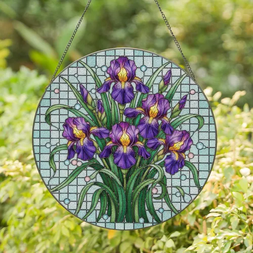 Deep Violet Irises Emerald Leaves Light Aqua Mosaic - Home Decor Gift for Flower Lover Stained Glass Suncatcher