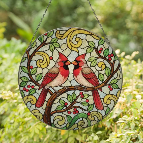 Cardinal Pair Nuzzling Branch Berries - Home Decor Gift for Bird Lover Stained Glass Suncatcher