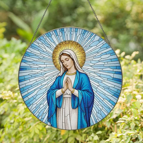 Virgin Mary Praying Golden Halo Radiating Blue Mosaic - Christian Home Decor Gift Stained Glass Suncatcher