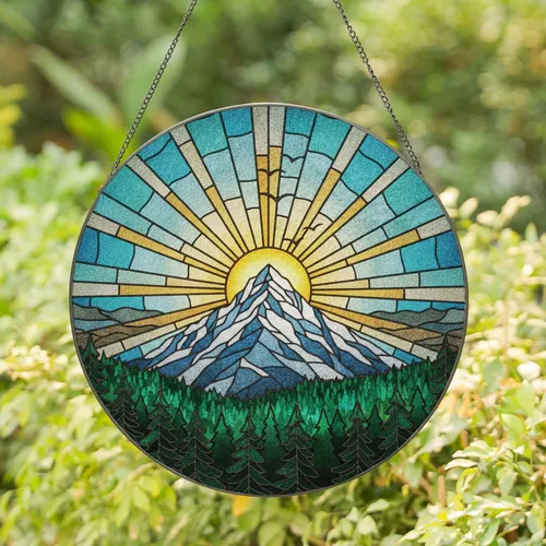 Mountain Peak Sun Rising Pine Tree Forest Birds Soaring - Nature Lover Home Decor Gift Stained Glass Suncatcher
