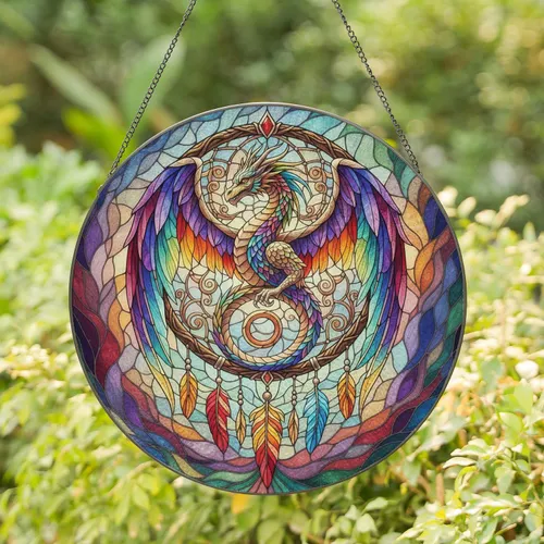 Majestic Dragon Rainbow Wing Dreamcatcher - Dragon Lover Home Decor Gift Stained Glass Suncatcher