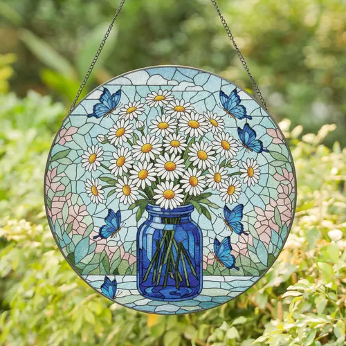 Blue Jar White Daisies Butterflies - Home Decor Gift for Garden Lover Stained Glass Suncatcher