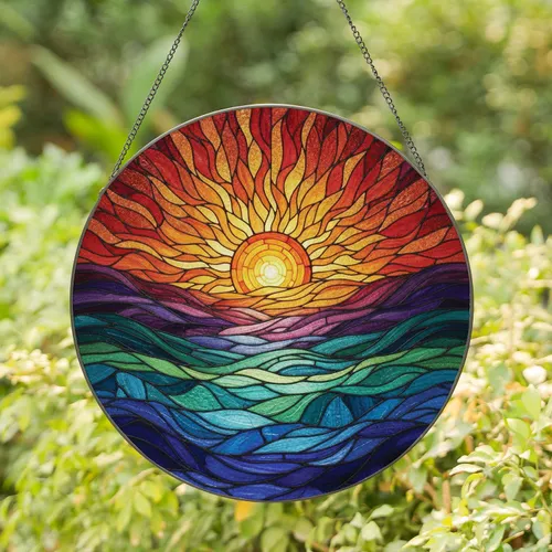 Luminous Radiant Sun Landscape Hills Valleys Mosaic - Home Decor Gift Stained Glass Suncatcher
