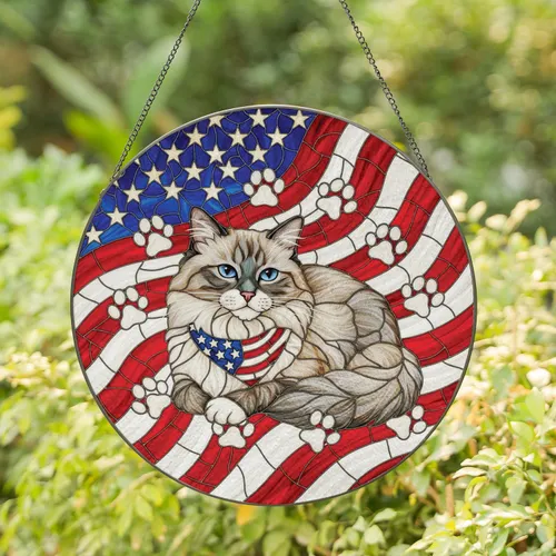 Ragdoll Cat American Flag Paw Print - Independence Day Gift for Veterans Stained Glass Suncatcher