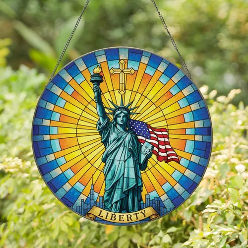 Statue of Liberty American Flag Cross Cityscape - Independence Day Gift for Veterans Stained Glass Suncatcher