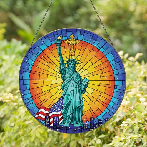 Statue of Liberty American Flag Christian Cross - Independence Day Gift for Veterans Stained Glass Suncatcher