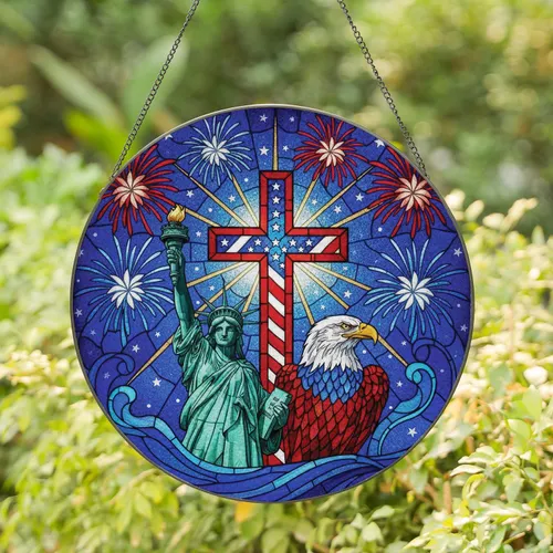 Christian Cross Statue of Liberty Bald Eagle Fireworks - Independence Day Gift for Veterans Stained Glass Suncatcher