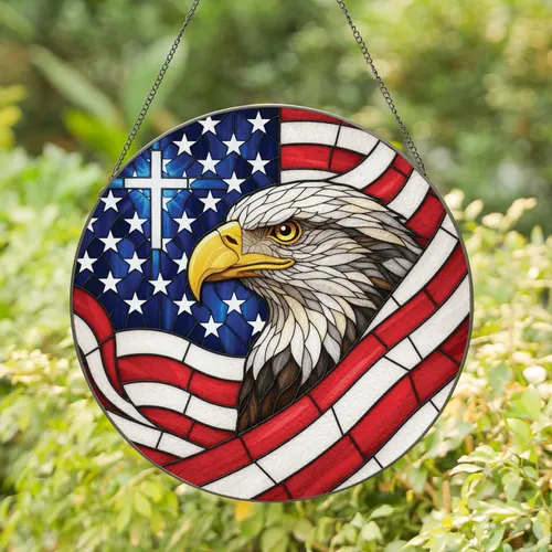 Bald Eagle American Flag - Independence Day Gift for Veterans Stained Glass Suncatcher