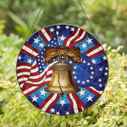 Liberty Bell American Flags Independence Day Gift for Veterans Stained Glass Suncatcher