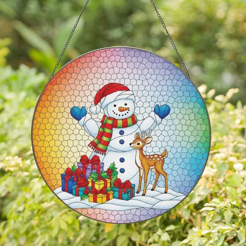 Snowman Deer Christmas Gifts Holly - Holiday Season Home Decor Stained Glass Suncatcher