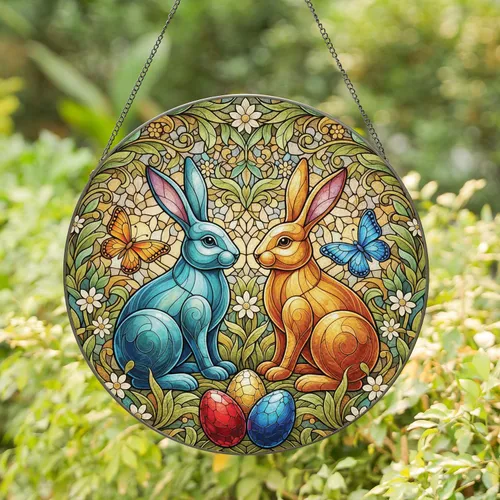 Easter Rabbits Butterflies Eggs - Spring Home Decor Gift Stained Glass Suncatcher