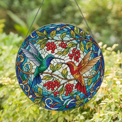 Hummingbirds Berry Branches Floral - Home Decor Gift for Wildlife Lover Stained Glass Suncatcher