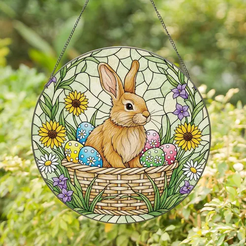 Rabbit Easter Eggs Wildflower Basket - Easter Gift for Garden Lovers Stained Glass Suncatcher