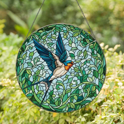 Flying Barn Swallow Mosaic Green Leaves Blue Sky - Home Decor Gift for Bird Watchers Stained Glass Suncatcher