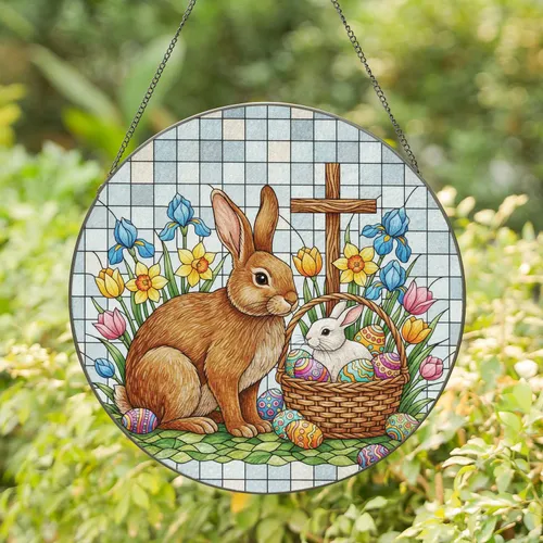 Fluffy Rabbit Baby Easter Eggs Spring Floral Cross - Easter Holiday Gift Stained Glass Suncatcher