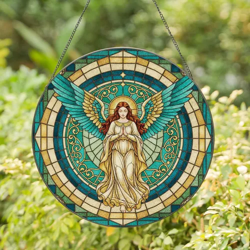 Stained Glass Angel Prayer Wings Radiant Star Teal Turquoise Circle Home Decor Gift Stained Glass Suncatcher
