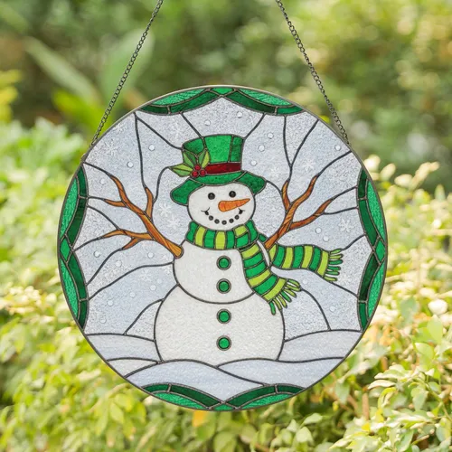 Smiling Snowman Green Hat Holly Scarf Winter Snow Home Decor Gift Stained Glass Suncatcher