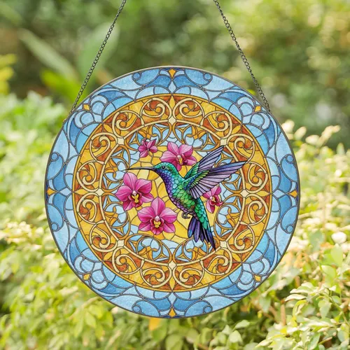 Iridescent Hummingbird Orchid Flowers Circular Border - Home Decor Gift for Hummingbird Lover Stained Glass Suncatcher