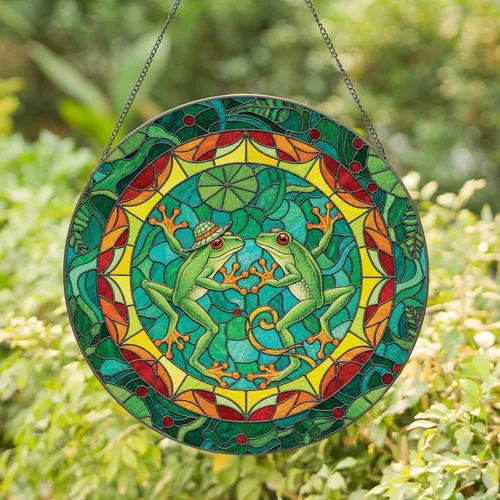 Dancing Green Tree Frogs Red Eyes Straw Hat - Frog Lover Home Decor Gift Stained Glass Suncatcher