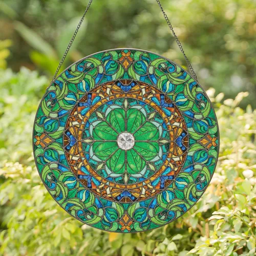 Four-Leaf Clover Mandala Intricate Luminous Leaf Geometric Amber Green - Home Decor Gift Stained Glass Suncatcher