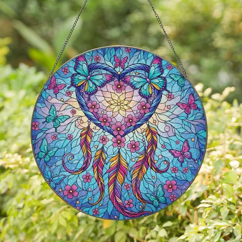 Heart Dreamcatcher Butterflies Feathers - Home Decor Gift for Butterfly Lover Stained Glass Suncatcher