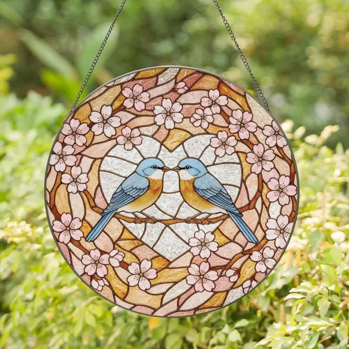 Pecking Songbirds Glass Heart Cherry Blossoms - Home Decor Gift for Bird Lover Stained Glass Suncatcher