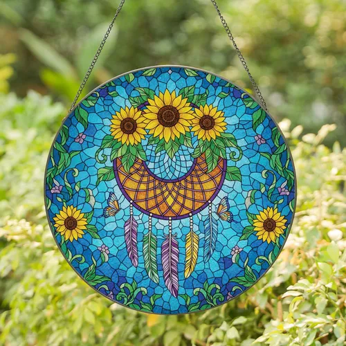 Dreamcatcher Sunflowers Botanical Feathers Butterflies Mosaic - Home Decor Gift Stained Glass Suncatcher