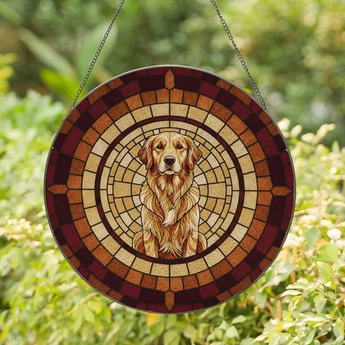 Golden Retriever Dog Geometric Mosaic Circular Motif - Home Decor Gift for Dog Lover Stained Glass Suncatcher