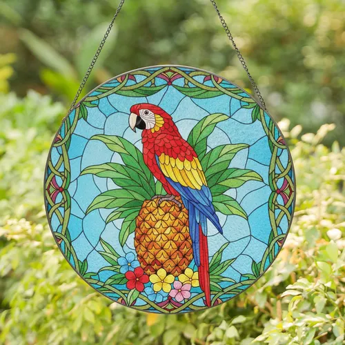Scarlet Macaw Parrot Pineapple Tropical Leaves Flowers Foliage - Wildlife Home Decor Gift Stained Glass Suncatcher